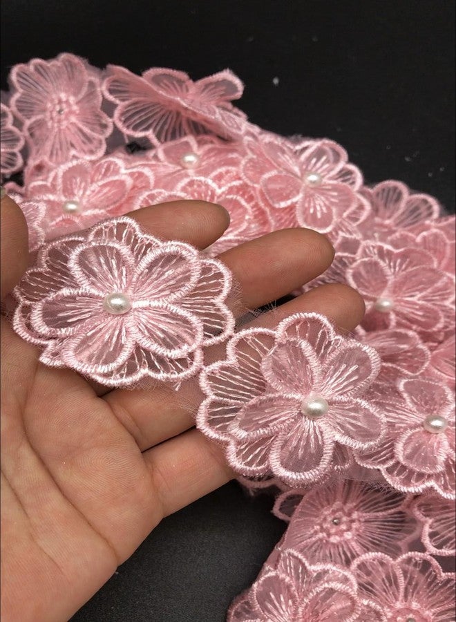 PEPPERLONELY 1 Yard 18PC 3D Pearl Flower Embroidered Lace Edge Trim Ribbon, Flower Size 1.75 x 1.75 Inches, Pink - Image 1